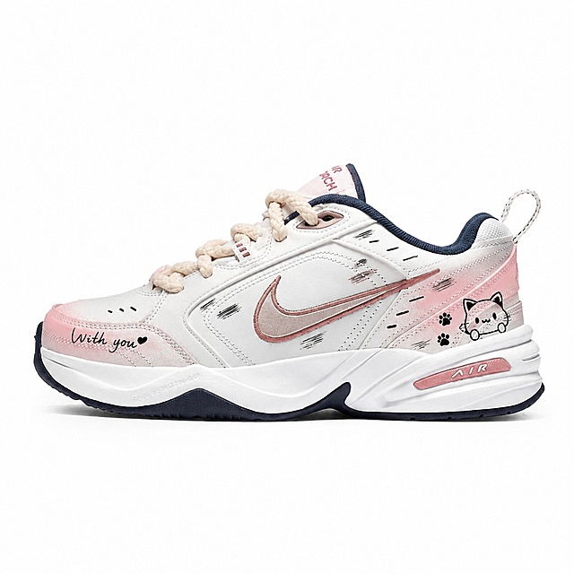 以图一的Nike厚底老爹鞋为基础，严格保留原始的鞋型结构、白色厚中底、深藏青色黑色外底，以及鞋帮内部的深藏青色内衬。保留图一原有的侧边Nike Swoosh、鞋舌上的标识、以及后跟下方的“AIR”字样，不能出现图二的黑色NY大Logo，将这三个原有标识的颜色统一替换为低饱和度的哑光脏粉色藕粉色。保留鞋面原白色网眼与皮革的底色，将鞋头边缘、侧面的灰色拼接块、以及后跟部分区域，喷涂上浅粉色与奶白色交织的渐变色漆，营造图二那种部分喷涂改色的层次感，不做全覆盖喷涂。参考图二添加涂鸦元素：在鞋头的透气孔下方加上黑色手写英文“With you”，并在旁边加上一个手绘小爱心；在Swoosh周围的白色鞋面上，加入几条黑色涂鸦短横线和类似图二的随性线条；在鞋后跟的浅粉色喷涂区域，画上一个手绘黑白小猫图案以及旁边的黑色爪印。将图一的白色鞋带替换为米白色的粗麻绳编织鞋带。整体色调融合奶白、浅粉、深藏青和黑色手绘线条，和谐吸睛，甜酷且具有专属定制感，纯白背景，商业级高清摄影质感