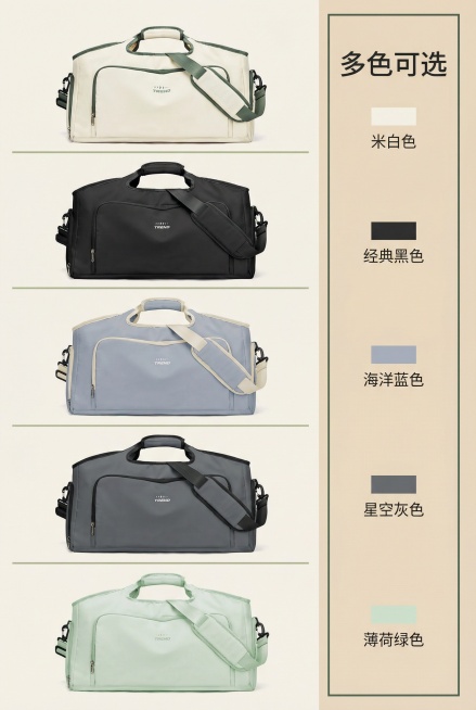 中文提示词：2:3竖版，电商详情图，简约清新风，低饱和度配色体系（米白#F5F0E6、深橄榄绿#4A6A5A、浅卡其#E8D9C1），左三分之二区域放置3款同款式途界旅行包实物图（分别为米白款、经典黑预览效果