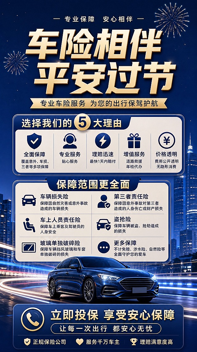 基于参考图修改：1. 移除所有灯笼元素（左上角福字灯笼、右上角安字灯笼、右侧小孔明灯），保留烟花；2. 移除右下角二维码及扫码立即投保文字，底部按钮区域改为纯文字按钮，去掉二维码占位；3. 所有文字整体放大，尤其是主标题和各板块标题，增强视觉冲击力；4. 专业服务图标下方删除7x24小时客服随时为您服务这段文字，替换为其他简短服务描述或保持空白但排版美观；5. 整体保持深蓝商务风格、金色文字、城市夜景汽车背景不变；6. 底部立即投保按钮区域因去掉二维码可适当加宽，文字更大更醒目。