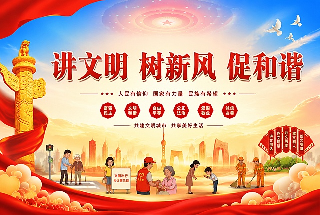 一张讲文明树新风促和谐主题的横版公益海报，画面中央醒目展示大字标题"讲文明 树新风 促和谐"，字体端庄大气。画面融入中国传统祥云、华表、和平鸽、城市建筑剪影等元素，整体采用红金蓝渐变配色，庄重大气，富有正能量。背景有柔和的光效和渐变，画面下方点缀着微笑的市民、志愿者服务、文明礼仪等场景小插画，体现和谐社会氛围。整体风格正式庄重，适合公共场所宣传展示，构图平衡，视觉冲击力强。