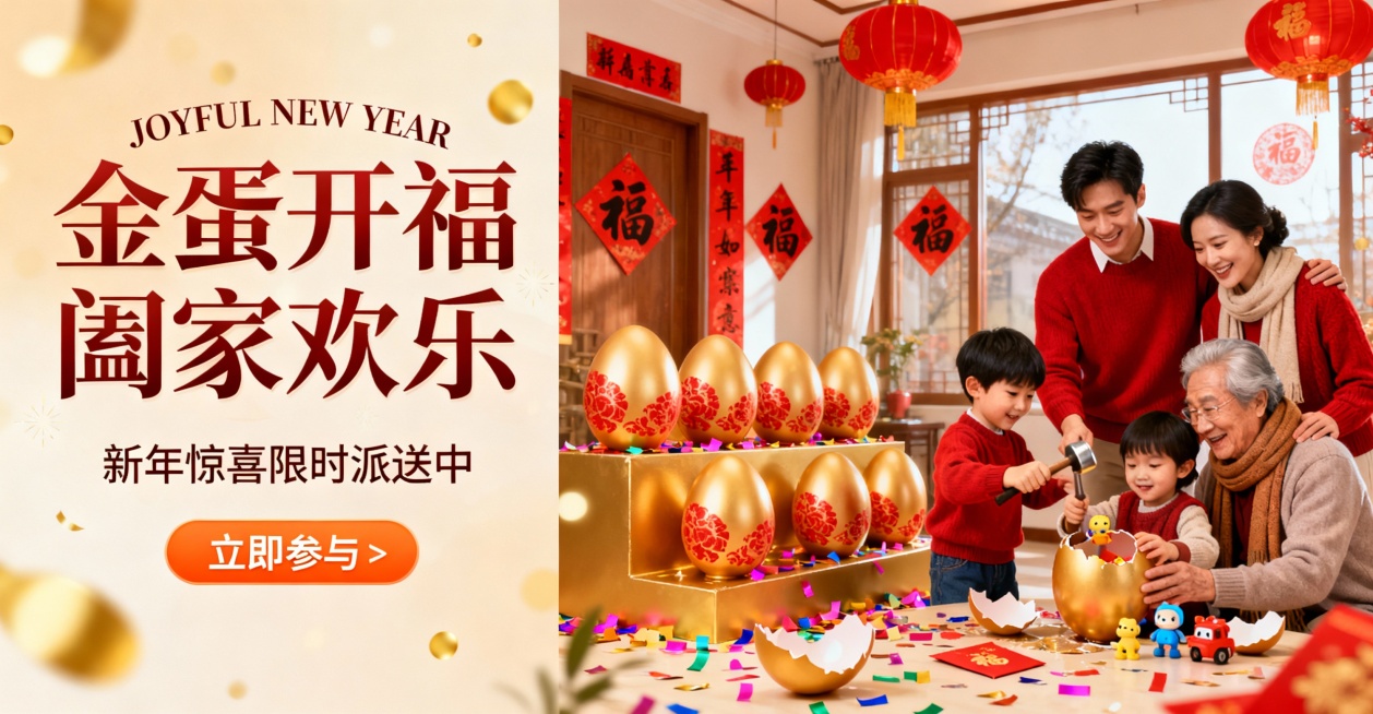 新年家庭砸金蛋欢乐场景：室内布置红灯笼、春联、福字，洋溢浓厚新年氛围；金色金蛋台摆放6-8枚带红色花纹的金蛋，彩色纸屑散落周围。左侧年轻父母（30-40岁，穿红色系保暖穿搭）微笑注视5岁男孩，男孩举着预览效果