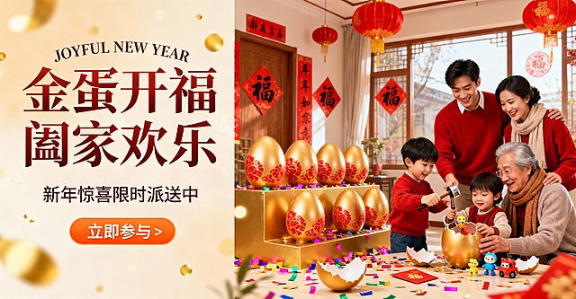 新年家庭砸金蛋欢乐场景：室内布置红灯笼、春联、福字，洋溢浓厚新年氛围；金色金蛋台摆放6-8枚带红色花纹的金蛋，彩色纸屑散落周围。左侧年轻父母（30-40岁，穿红色系保暖穿搭）微笑注视5岁男孩，男孩举着小锤子砸向金蛋，眉眼弯弯；右侧爷爷奶奶（60-70岁，穿舒适冬装，戴围巾）温柔看着4岁孙子，孙子踮脚伸手触碰裂开的金蛋，里面露出小玩具和红包。整体色调明亮温暖，人物表情幸福喜悦，突出“家庭团聚+新年惊喜+孩子欢笑”的核心，画面充满温馨欢乐的感染力，尺寸适配电商海报/活动展板（16:9）。