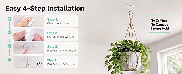 [商品] 使用【图6】免打孔自粘天花板挂钩；保留产品结构、颜色和安装方式；展示撕膜、粘贴、按压、使用四个步骤的产品状态，符合真实安装逻辑。
[画面] 目标：安装步骤与使用指南页，强调简单便捷。左文右图构图，左侧为四步安装流程说明区，右侧为安装完成后悬挂重物的效果展示区。主体占画面约50%，右侧展示产品粘贴在天花板上悬挂花盆的效果，左侧四个步骤图标+文字竖向排列。阅读动线从左上到右下。背景为浅灰白渐变，简洁干净。
[视觉] 套系策略：风格=跨境亚马逊极简高级商业摄影；标题字=现代无衬线粗体英文字体；正文字=简洁无衬线英文字体；主色=银灰+浅灰白；背景延展=基于浅灰白做深浅层级渐变和细腻哑光质感；强调色=薄荷绿，仅用于步骤序号和引线；标题色=深炭灰；正文色=中灰；组件=圆角步骤卡、圆形步骤序号、箭头引导线；光影=左前侧柔光，产品质感清晰。
[文字] 左上主标题"Easy 4-Step Installation"；左侧四个步骤："Step 1: Clean the Surface"、"Step 2: Peel Off Protective Film"、"Step 3: Press Firmly for 10 Seconds"、"Step 4: Wait 24 Hours Before Use"；右侧效果区标注"No Drilling, No Damage, Strong Hold"；文字全部横向排版，不遮挡产品主体。
[规格] 图片比例61:25横版，4K，避免变形、错字、文字过小、冷蓝背景、安装步骤不符合逻辑、产品结构改变。