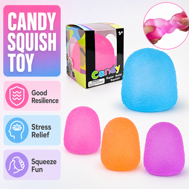 [单张主图] 商品名称Candy Squish捏捏解压玩具，爆款促销感主图，目标突出产品核心卖点，适配亚马逊跨境平台。
[画面主体] 展示蓝色和粉色两款捏捏解压玩具，保持产品外观、颜色、形状、磨砂通透预览效果