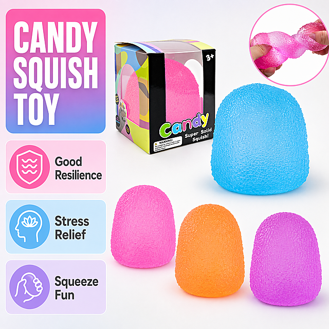 [单张主图] 商品名称Candy Squish捏捏解压玩具，爆款促销感主图，目标突出产品核心卖点，适配亚马逊跨境平台。
[画面主体] 展示蓝色和粉色两款捏捏解压玩具，保持产品外观、颜色、形状、磨砂通透凝胶材质、纹理和包装与输入图片一致，主体完整清晰，占画面65%，居中偏上位置，包装在左上角，四款彩色捏捏在下方错落展示，右上角加入圆形局部特写展示手捏拉伸状态。商品主体无遮挡，结构颜色准确，杜绝变形色差。
[构图版式] 采用左文右品标签参数型版式，左侧35%区域承载文字信息，右侧产品展示占65%，背景纯净低饱和渐变。
[场景元素] 背景用浅灰白色渐变，左侧文字区域用产品提取的粉色和蓝色做浅底标签，3个功能卖点卡片整齐排列，整体干净专业符合亚马逊规范，无多余装饰。
[文案版式] 左侧顶部大字主标题 "CANDY SQUISH TOY"，粗体无衬线白色字体配糖果色背景，下方依次排列三个卖点卡片：第一个卖点卡片写 "Good Resilience"，第二个写 "Stress Relief"，第三个写 "Squeeze Fun"。所有文字均为英文，无任何中文字符，字体清晰可读，文字大小对比明确，不遮挡产品主体。
[光影质感] 主光正面柔光打亮产品，突出凝胶磨砂纹理和通透质感，辅光侧面补光形成立体感，产品下方带自然柔和投影，背景光线均匀，整体商业摄影清晰质感，产品细节锐利，画面干净高级。
[配色字体] 主色调浅灰白渐变背景，文字配色采用深灰字配浅彩色标签底，主标题白字配糖果渐变背景，字体使用现代无衬线字体，主标题粗体最大，卖点文字适中，清晰易读。符合欧美市场审美，风格专业合规。
[比例分辨率] 1:1 比例，2k分辨率，文字清晰可辨，超高清。
[负向提示词] 变形，水印，文字错乱，产品图模糊，背景杂乱，中文文字，中文字符，遮挡主体，夸大宣传词汇，最高级词汇，伪LOGO，畸形产品，杂乱边框