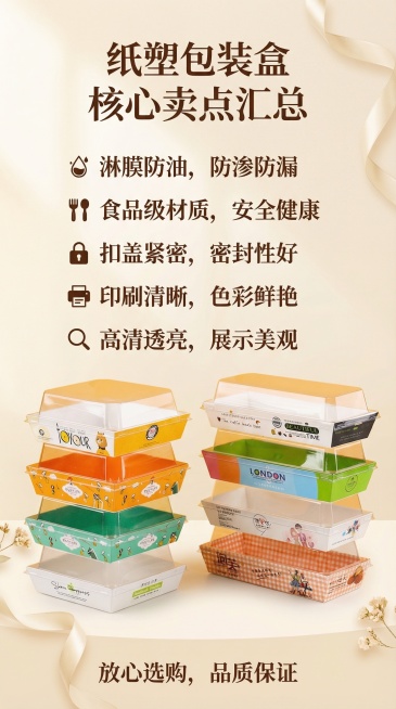 生成一张9:16奶油风淘宝详情页收尾页，总结产品所有卖点：淋膜防油、食品级材质、扣盖紧密，印刷清晰，高清透亮，温馨奶油风，不改变产品本身，主标题微软雅黑，副标题思源宋体中粗，保持字体颜色一致预览效果