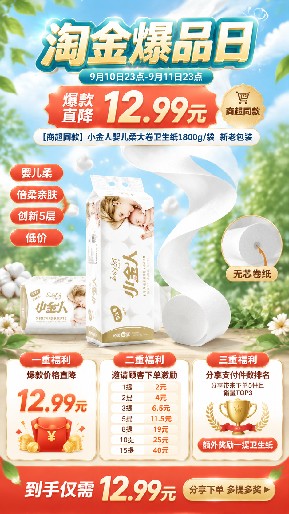 基于用户上传的小金人卫生纸商品图（图1整提竖版包装、图2多卷横… - 图片创意预览