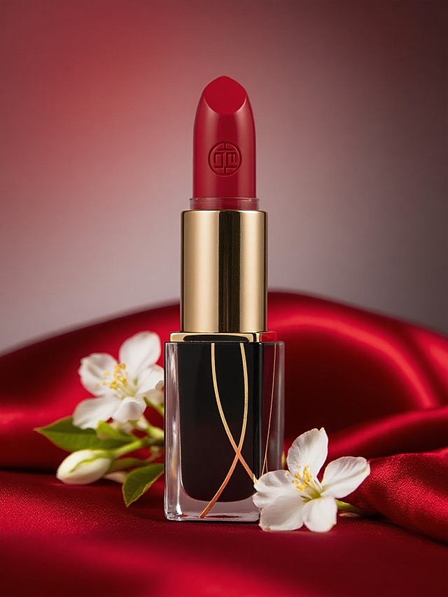 产品放置在红色有质感的绸布上，瓶身周围环绕茉莉花，搭配红色布料等物件，背景为浅红到白色渐变，画面暗色调，主体逆光