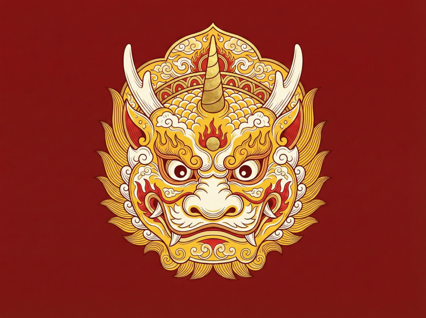 再根据此种设计思路设计一个麒麟的傩面图腾，要黄白红为色调预览效果