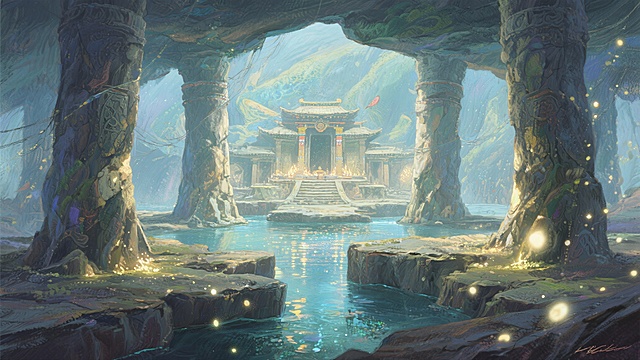 大鱼海棠画风。一座位于巨大地下空间中一片地下湖中央的石制祭祀用建筑，四周有巨大的石柱支撑地下空间，其内保护着一条可以通往仙境的暗河。 关键词：古老、祭祀、藏族、神秘、宏伟、石刻