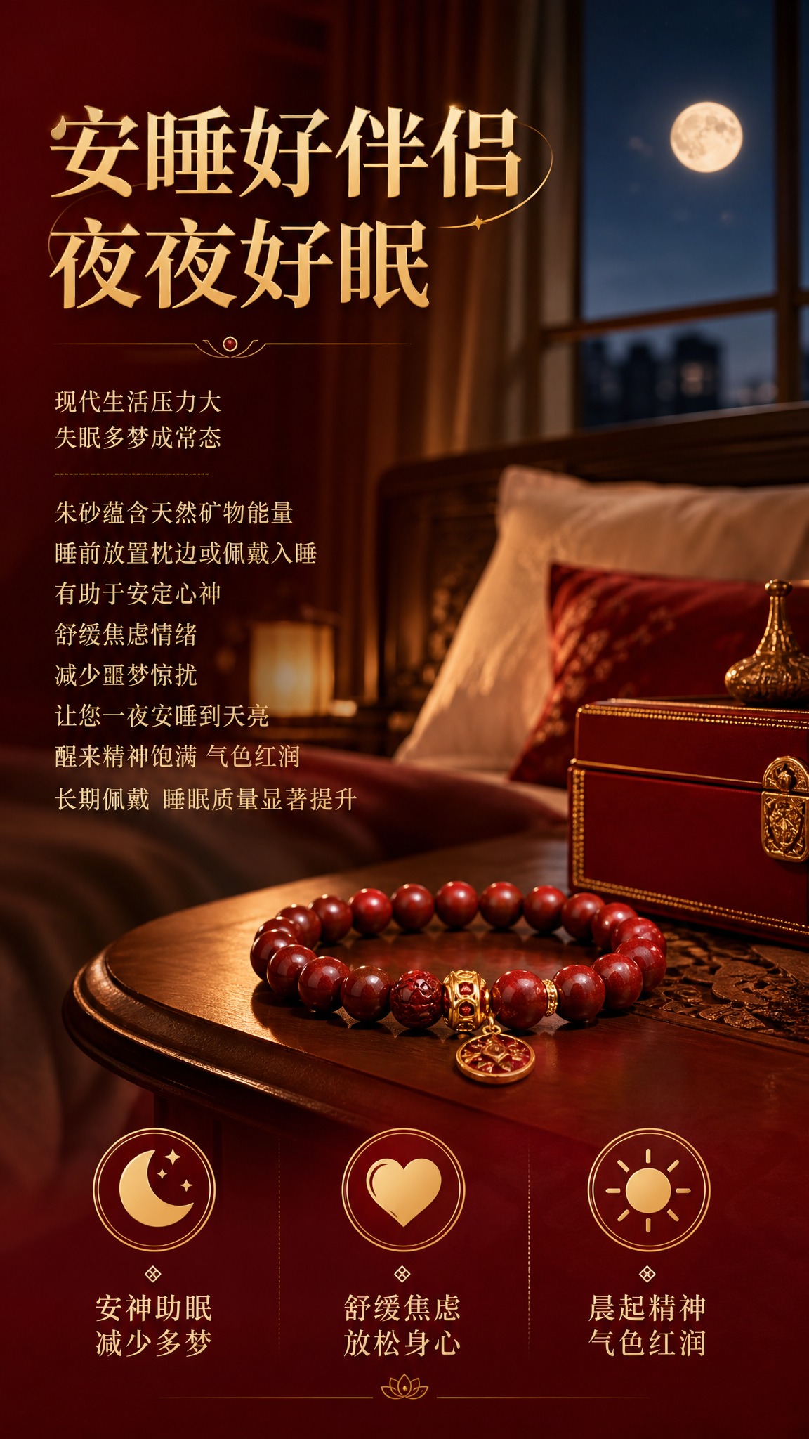 电商详情页睡眠功能卖点图，夜晚卧室温馨场景，床头柜上摆放朱砂手… - 图片创意预览