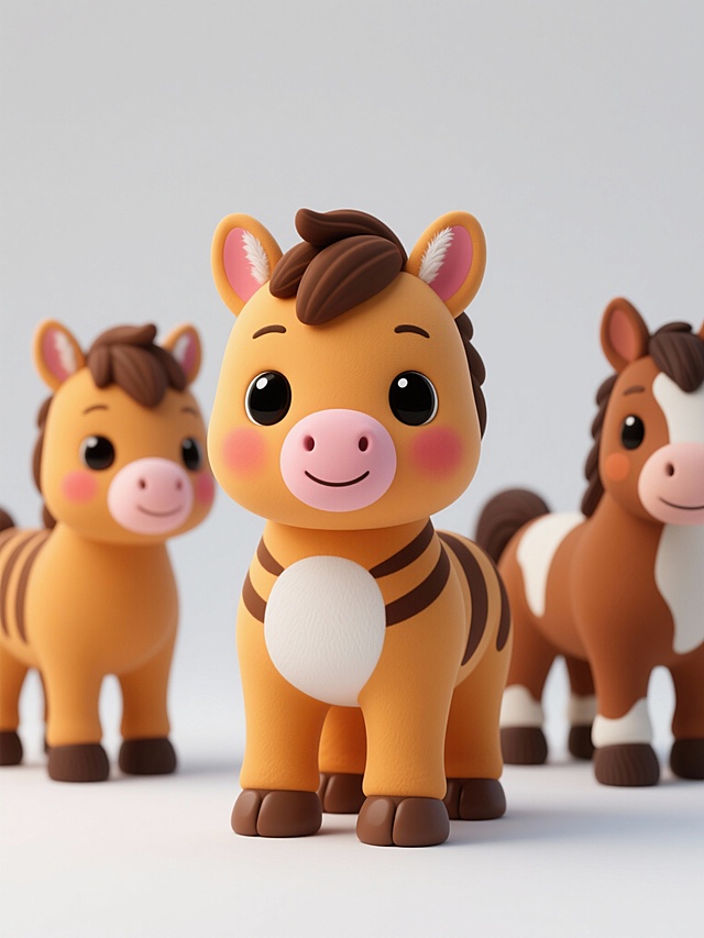 3D渲染风格的可爱卡通马形象，具有圆润饱满的造型和光滑细腻的材质感，明亮温暖的橙黄色皮毛配以深棕色条纹，白色的下巴和腹部，大而圆的黑色眼睛带有高光，粉红色的鼻子和脸颊红晕，耳朵内侧有粉红色内耳和白色绒毛，四肢短小粗壮，爪子肉垫清晰可见，整体呈现出温馨活泼的氛围。四只不同样式、不同品种的马，白色背景，排列整齐