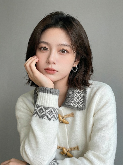 修改人物表情为看镜头思考，动作为单手托腮思考状(不要皱眉，自然一些），灰色背景，去掉桌子与纸笔预览效果