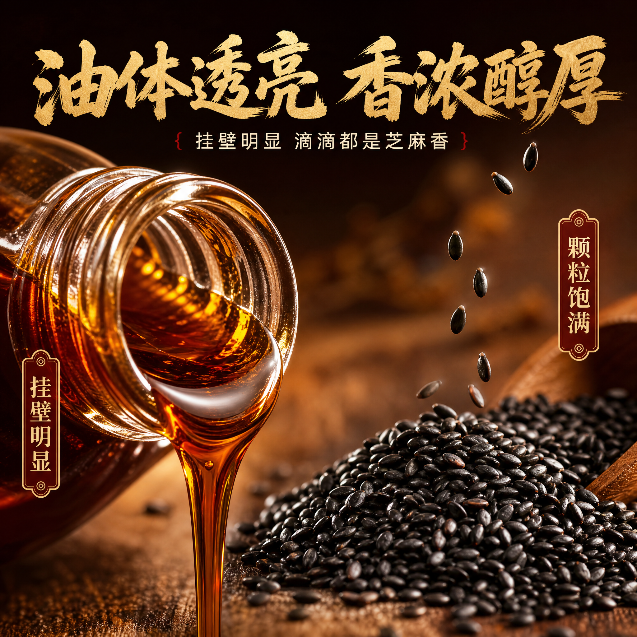 [主图-3] 细节与成分：微距展示油体挂壁与芝麻原料，微观种草… - 图片创意预览