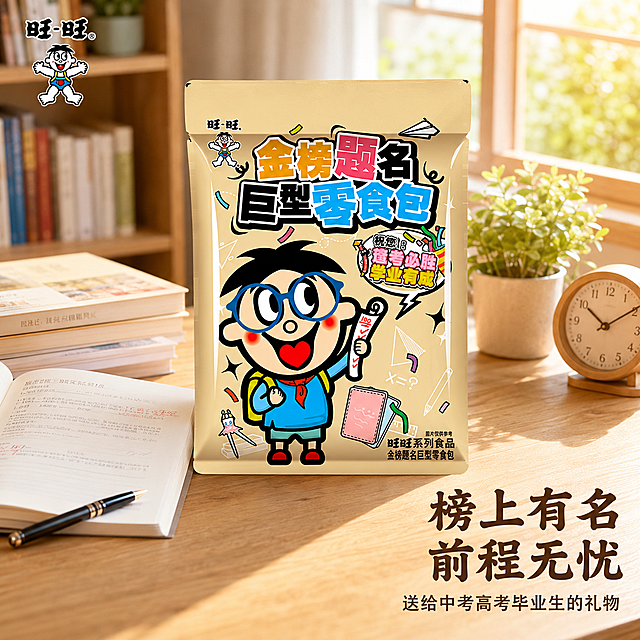 [主图-4] 旺旺金榜题名零食大礼包送礼场景展示图。
[氛围风格] 温馨生活场景，真实自然的升学送礼氛围；
[画质] 商业摄影质感，光线柔和通透，产品清晰真实，画面干净高级。保持礼包产品外观与输入图片绝对一致，杜绝任何变形和色差，精细化处理。商品主体占比约65%，画面满屏无边框。
[元素] 金榜题名零食大礼包摆放在干净原木书桌上，旁边搭配一本打开的复习资料和一支钢笔，窗外透进暖自然光，营造备考后庆祝的真实生活场景。礼包完整展示，不被遮挡，突出作为升学礼物的实用性。
[光影] 自然窗边暖阳逆光，通透温暖，突出产品包装质感，氛围温馨治愈，符合食欲感和生活感要求。
[配色] 原木暖色调，搭配产品本身的彩色包装，自然和谐，温馨喜庆。
[视角构图] 斜侧平视视角，书桌场景，景深自然，礼包为视觉中心。
[文字版式] 左上角旺旺Logo，右下方文案大字“榜上有名 前程无忧”，小字“送给中考高考毕业生的礼物”，文字摆放在桌面留白区域，不遮挡礼包主体，深棕色文字清晰可读。
[比例分辨率] 1:1比例，4k分辨率，文字清晰锐利，超高清。
[负向提示词] 变形，水印，文字错乱，产品图模糊，背景杂乱，遮挡主体，光线昏暗