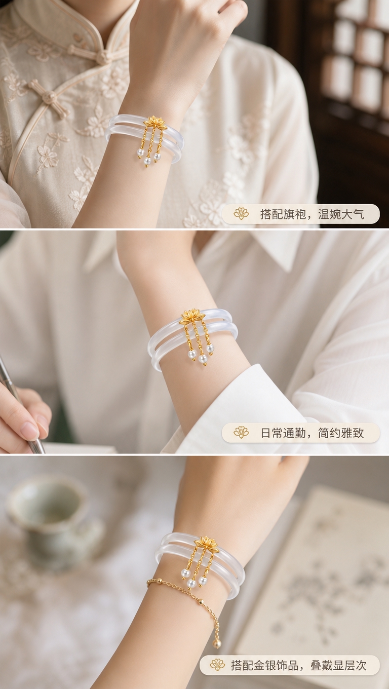 [商品] 使用【图1】冰润白玉髓成对手镯，带珍珠莲花银扣；保留… - 图片创意预览
