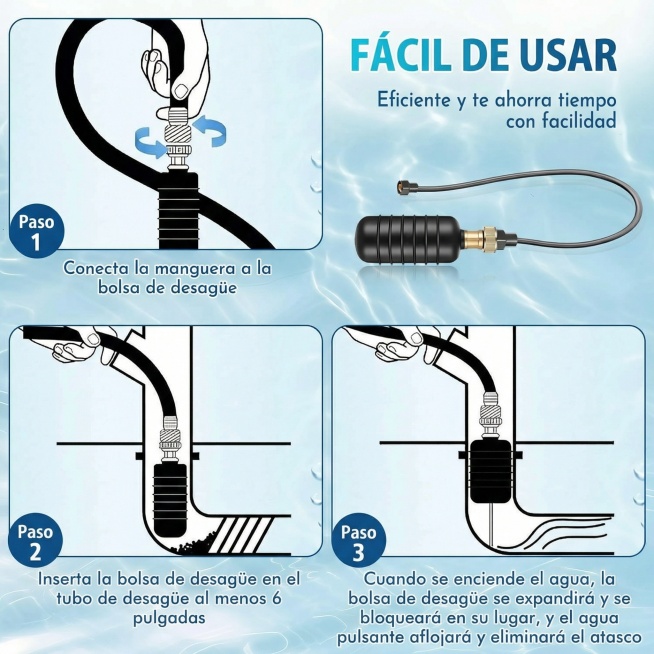 将图片中的英文替换为西班牙语："FÁCIL DE USAR
Eficiente y te ahorra tiempo con facilidad
Paso 1
Conecta la manguera预览效果