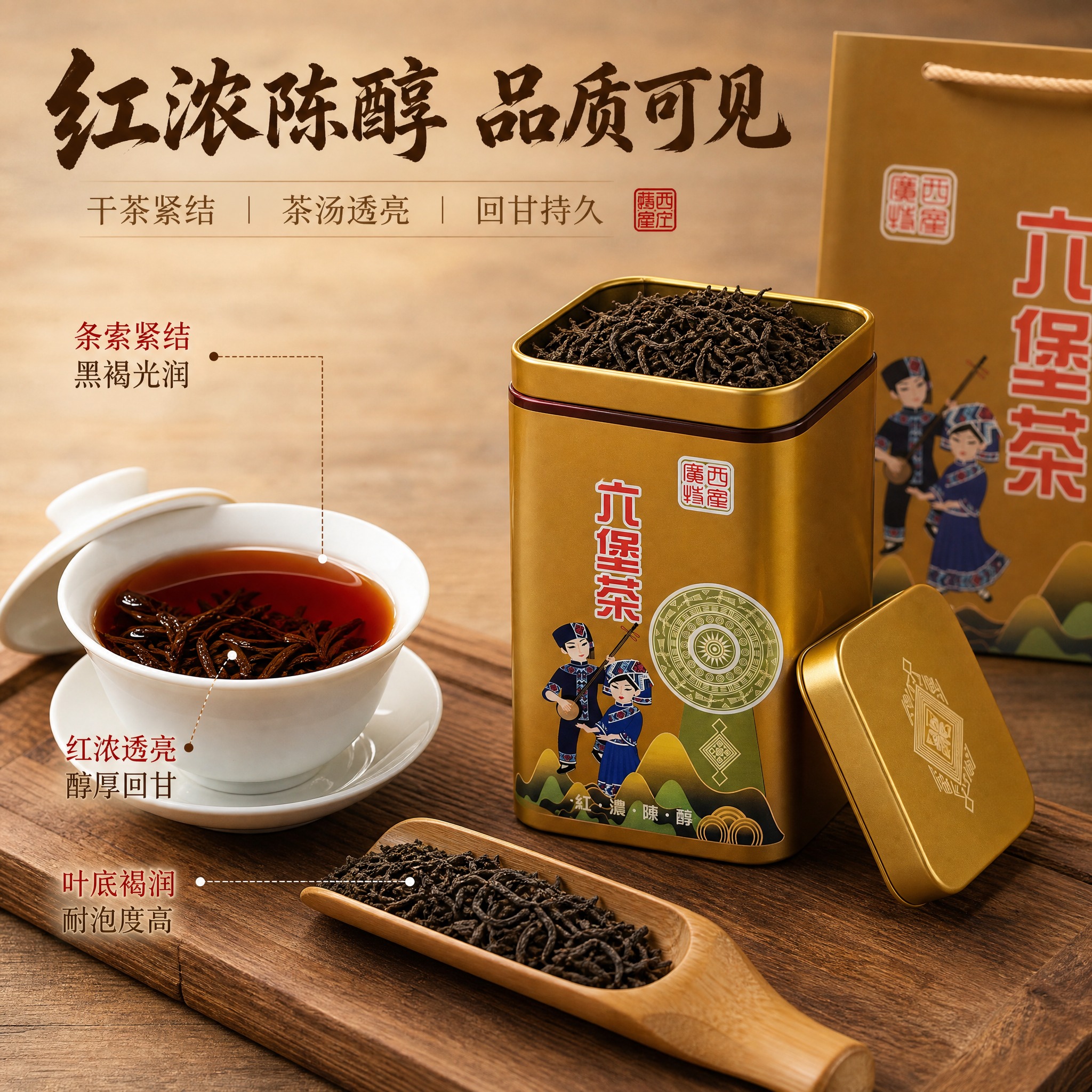 [主图-3] 细节与茶汤展示 六堡茶干茶与冲泡细节 微观种草… - 图片创意预览