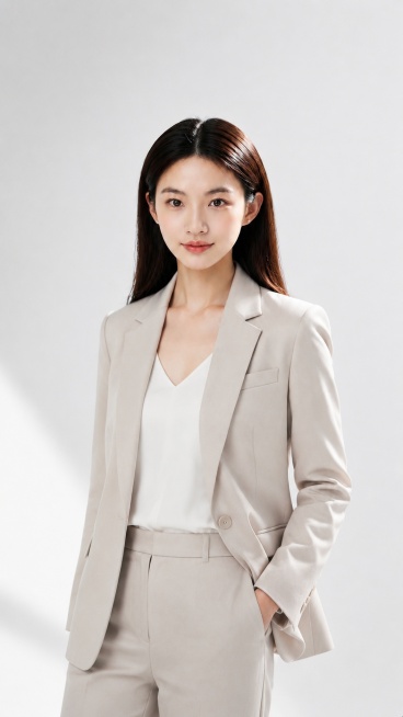 保持人物面部不变，更换为更干练简约的职场女性服装，姿势保持随意洒脱自然，干净浅色背景，半身职业照预览效果