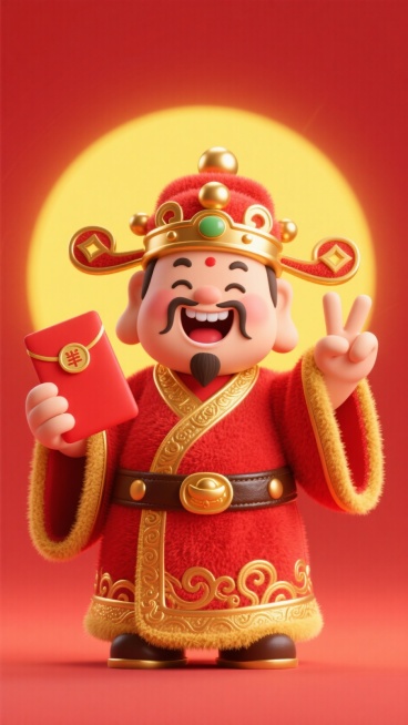 财神爷的形象，富丽堂皇的装扮，装饰傍身，珐琅金色球绒顶冠，红色官袍镶金边，粗鎏金纹饰皮腰带，一只手拿一个超大的红包，另一个手比剪刀手，龇牙咧嘴开心地笑，背后是黄色的光晕，绽放光芒，暖色调，红色渐变背景预览效果