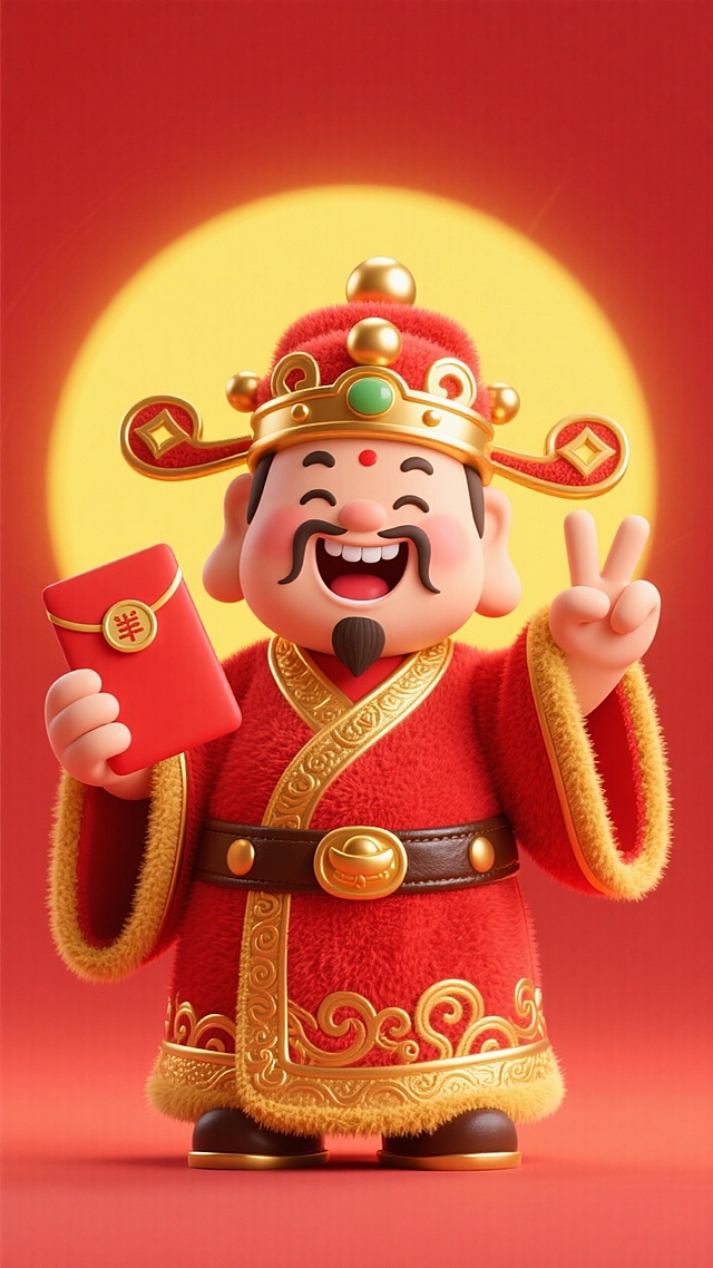 财神爷的形象，富丽堂皇的装扮，装饰傍身，珐琅金色球绒顶冠，红色官袍镶金边，粗鎏金纹饰皮腰带，一只手拿一个超大的红包，另一个手比剪刀手，龇牙咧嘴开心地笑，背后是黄色的光晕，绽放光芒，暖色调，红色渐变背景