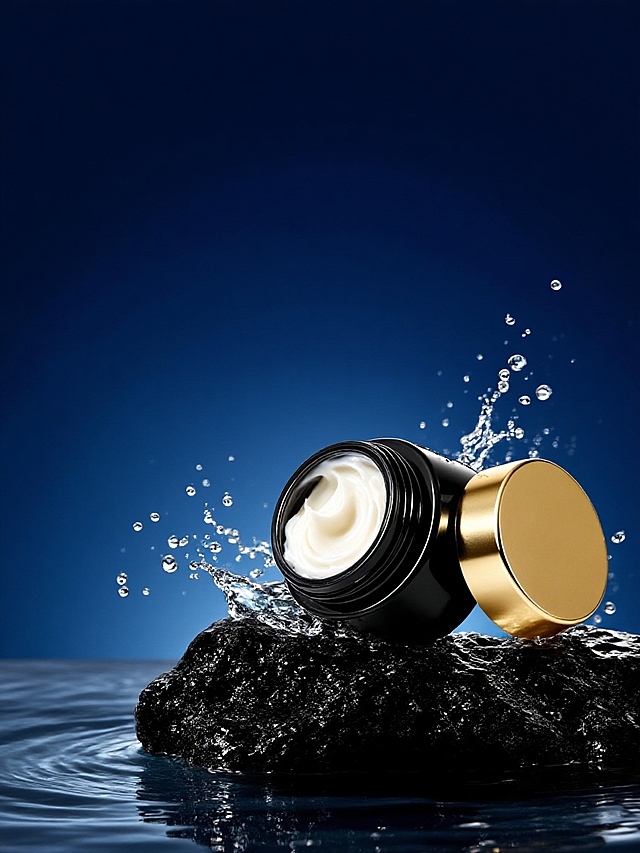 商业摄影。主体置于黑色岩石（带有奶油的质地）上，背景为深蓝色渐变，周围有飞溅的水珠，营造出冷冽、高级的氛围，高级的光影效果。