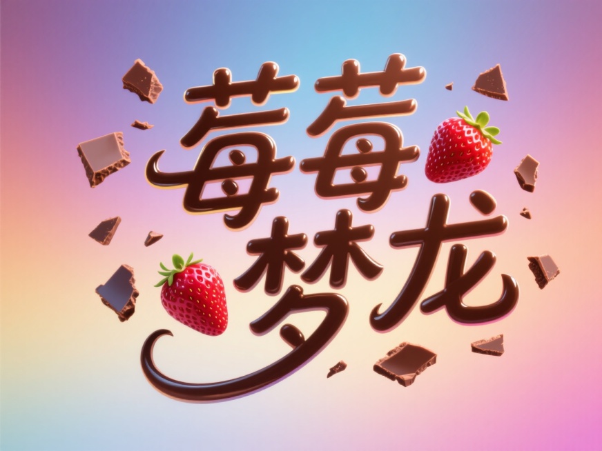 文字"莓莓梦龙"，线条流畅，手写，巧克力碎块、拼出艺术字。创意字体设计点缀草莓元素。渐变背景，生日氛围。预览效果