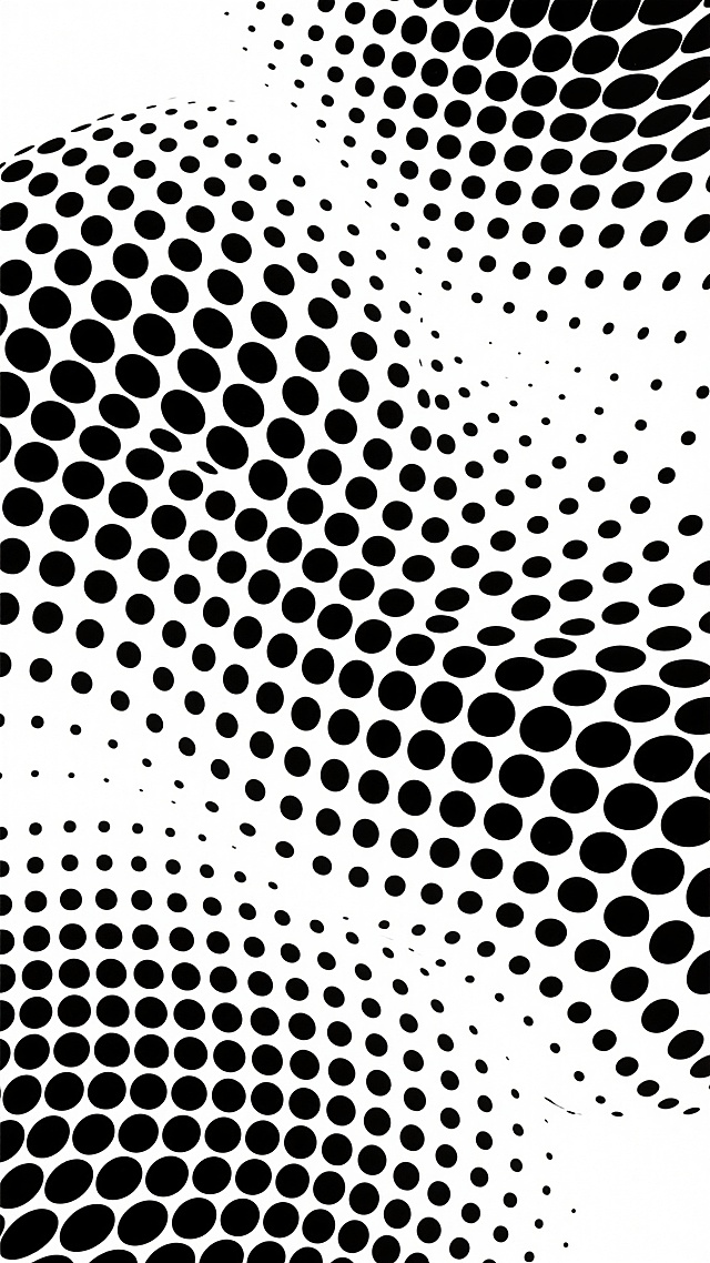 黑白半调图案背景，由大小均匀的黑色圆点组成，圆点通过疏密程度的变化形成流畅的、有机的波浪状曲线纹理，整体呈现出强烈的几何抽象风格和现代设计感，背景纯净白色，圆点排列规律且富有节奏感，营造出简洁、时尚、动态的视觉效果，适合作为具有现代审美和简约风格的设计背景使用。