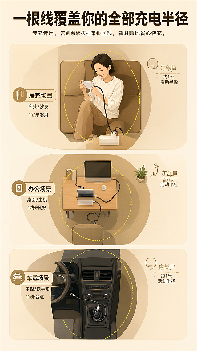 [商品] 使用【图9】中的那物编织线；保留线材外观、接头、编织纹理；用于三个空间场景中的线材连接示意。
[画面] 目标：空间适配展示，1米线覆盖三大充电场景半径。构图：俯视角度，三个圆形/圆角区域从上到下排列，分别代表床头/沙发角（居家）、办公桌（办公）、汽车中控（车载），每个空间内用1米线材连接设备示意，标注线材长度与活动半径。背景：米色系简洁插画风，平面俯视示意。
[视觉] 套系策略：风格=京东高转化数码详情页，暖金米白高级感；标题字=粗黑无衬线大字，厚重有力；正文字=简洁无衬线体，清晰易读；主色=暖金+米白；背景延展=基于暖金米白做深浅渐变、同色系层次、细腻平面插画质感；强调色=明黄色（半径线/重点标注）；标题色=深棕黑；正文色=深灰；组件=俯视平面图、半径虚线、场景图标、标注引线；光影=平面插画风格，无复杂光影，信息清晰。
[文字] 顶部主标题"一根线覆盖你的全部充电半径"；三个场景分别标注"居家场景 床头/沙发 1米线够用""办公场景 桌面/主机 1米线刚好""车载场景 中控/扶手箱 1米线合适"；每个场景配活动半径虚线圆标注"约1米活动半径"。所有文字横排。
[规格] 图片比例9:16竖版，4K超清，避免变形、错字、文字过小、冷蓝背景、其他品牌logo、绝对化极限词。