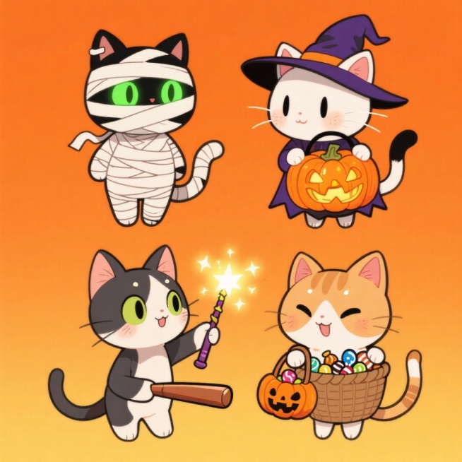 4个万圣节小猫变装元素，分别是：木乃伊小猫、戴着巫师帽提着南瓜灯的小猫、拿着魔法棒的小猫、提着用南瓜灯做的篮子（里面装满糖果）的小猫，上下两行整齐排列，橙色背景。预览效果