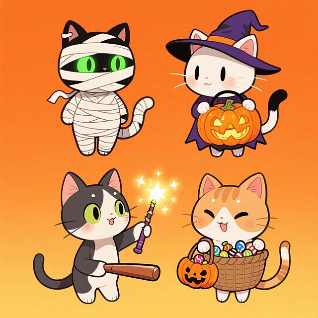 可爱卡通猫咪化身万圣节角色，拟人化造型搭配水彩风插画，充满梦幻与喜庆感，呈现微缩艺术般的节日趣味。