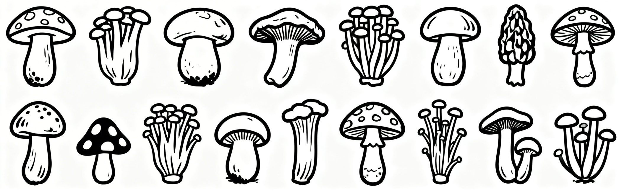 保持纯黑色清晰线条的简洁简笔画风格，无阴影无填充，横向排列绘制不同种类的多种蘑菇预览效果