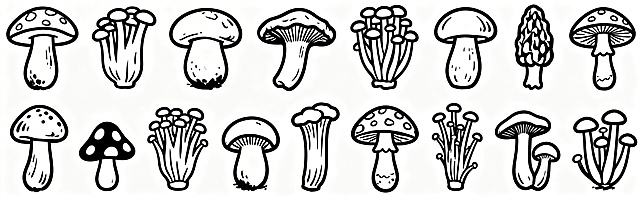 保持纯黑色清晰线条的简洁简笔画风格，无阴影无填充，横向排列绘制不同种类的多种蘑菇