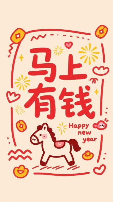 画面中心是红色艺术字“马上有钱”，边框点缀黄色烟花图案、卡通小马简笔画，文字“Happy new year” ，搭配波浪线、爱心的可爱装饰元素，以暖米色为底色，红色为主装饰色预览效果