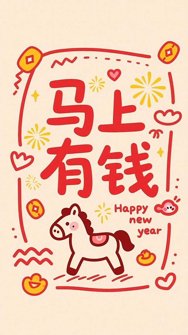 画面中心是红色艺术字“马上有钱”，边框点缀黄色烟花图案、卡通小马简笔画，文字“Happy new year” ，搭配波浪线、爱心的可爱装饰元素，以暖米色为底色，红色为主装饰色