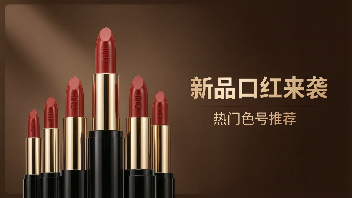 在原图基础上优化，提升画面精致质感，柔化光影细节，让口红材质和色彩更细腻高级，保留主标题"新品口红来袭"和副标题"热门色号推荐"的文字排版，整体16:9横版构图预览效果