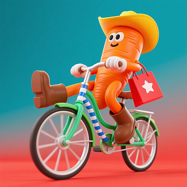 软3D风格的拟人胡萝卜骑自行车，戴着牛仔帽，手提购物袋，充满卡通趣味与可爱感，色彩明亮，双11节日氛围浓厚。