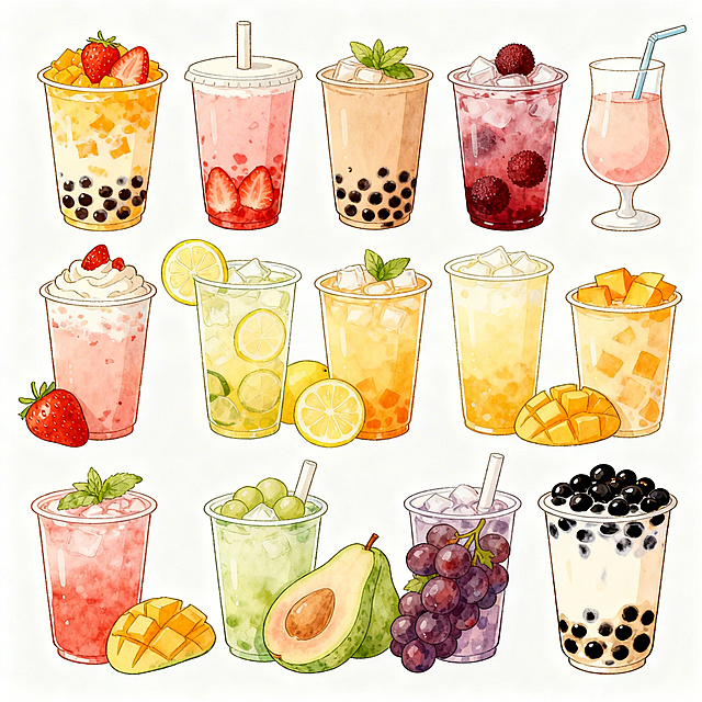 水彩风插画，清新甜美，轻拟物设计，展现夏日果饮的清爽与可爱，色彩明快，细节生动，充满节日欢愉感。