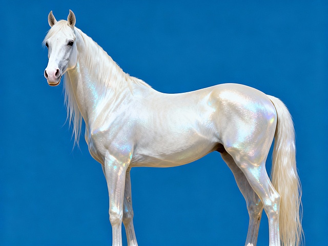 一匹纯种珍珠白色的阿哈尔捷金马，面向镜头昂首而立。它的身躯展现出优美的流线型曲线，天鹅般的长颈与背部连贯一体，皮肤下清晰可见流畅。全身无一根杂毛，皮毛泛着由内而外的珍珠光泽，透出柔和的嫩白色光晕，仿佛自身发光。马头精致小巧偏修长，鼻子嫩白嫩白，鬃毛长长飘逸到马胸，从肩两侧垂落；马尾丰盈流长，同样散发珍珠般光泽，在肩部和圆润地臀部形成柔和的光影过渡。马腿修长有力。纯蓝色背景。采用顺光照明，突出解剖学的精准结构与珍珠抛光般的超现实质感。8K画质，比例4:3。