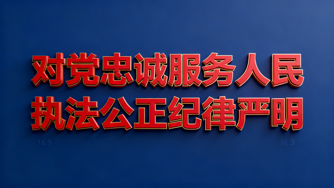干净的纯深蓝色背景。3D艺术字体设计，十六个字"对党忠诚服务人民执法公正纪律严明"，所有文字单行横向排列，采用无衬线字体设计，笔画做几何切割处理，结构沉稳有力，整体为庄重的正红色主体，搭配细微的金色描预览效果