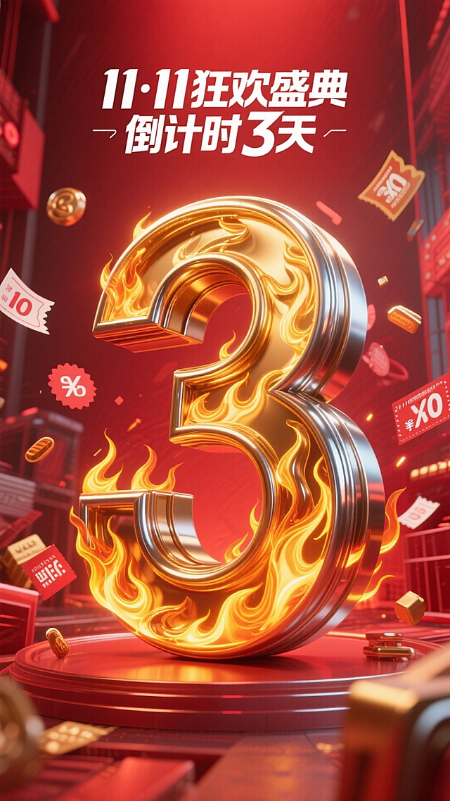 3D鎏金火焰数字“3”，金属质感搭配粒子飞溅，重拟物风呈现超强体积感，红金主色调营造喜庆促销氛围，科技酷炫感十足，呼应双11狂欢倒计时。