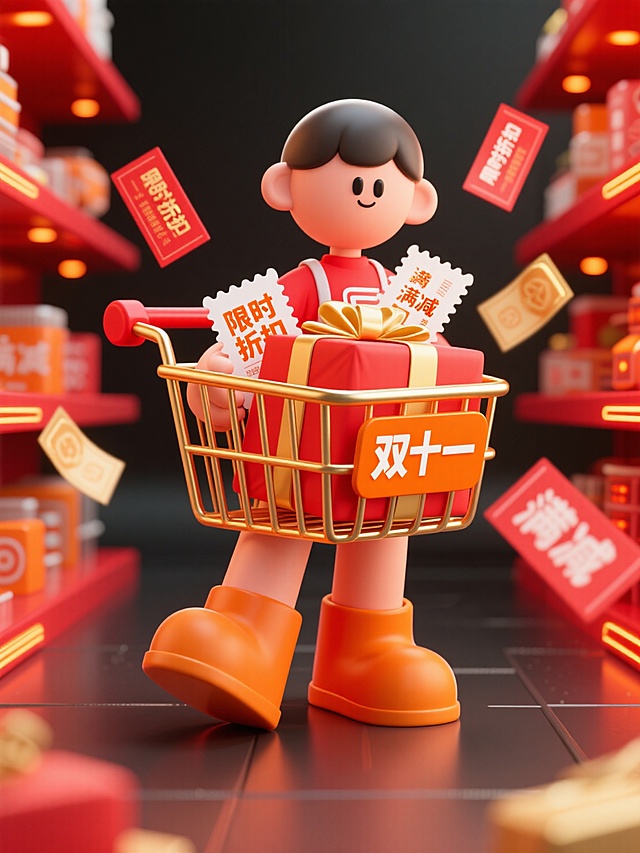 画面中有代表购物的卡通元素，如购物车、优惠券、包裹，还有可爱的拟人化电商平台形象（或卡通购物小人），它们围绕着 “双十一” 相关的促销标识互动。设定在热闹的线上电商界面或线下商场场景，背景有闪烁的促销灯光、满是商品的货架或代表网络的科技感元素，营造出双十一购物狂欢的氛围。风格3D 卡通渲染风格，画面活泼、富有活力，结合电商促销的热闹感与卡通的可爱感。色彩以红色、金色、橙色等喜庆、醒目的色调为主，搭配白色等亮色，体现双十一促销的热烈氛围。构图视角：采用平视视角，将核心促销元素与购物卡通元素置于画面中心。细节补充：有飞舞的优惠券、闪烁的 “限时折扣”“满减” 等文字光效，商品和购物元素带有动态感，仿佛在欢快地参与购物狂欢。