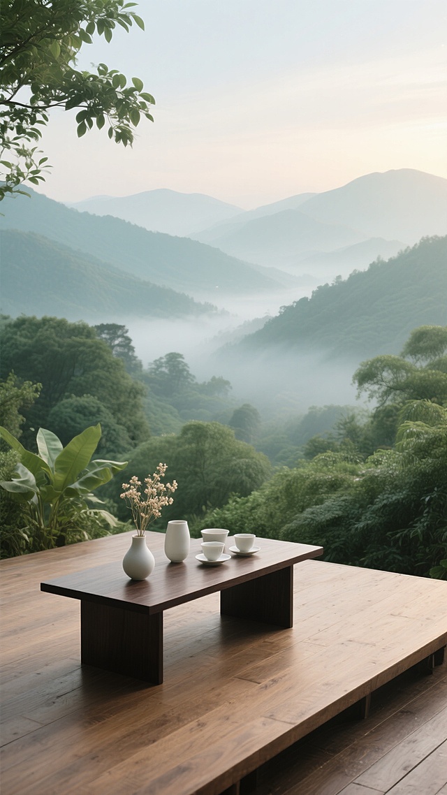 一张宁静致远的自然风景场景图，采用超写实主义风格，以柔和的青绿色和米白色为主色调，清晨或傍晚的漫射光源从画面上方洒下，在连绵起伏的山峦间形成轻盈的薄雾，近处茂密的绿色植被展现出丰富的层次感和细腻的叶片纹理，木质地板平台上放置着一个简约现代风格的深色木质矮几，矮几上装饰着几只形态各异的白色陶瓷茶杯和一小束淡雅的干花，整体构图遵循三分法，前景的木质平台与中景的植被、远景的朦胧山脉形成清晰的景深，营造出一种放松、舒适、与自然和谐共处的氛围，画面信息传达简洁明了，设计感偏向于自然、简约、禅意的生活美学。