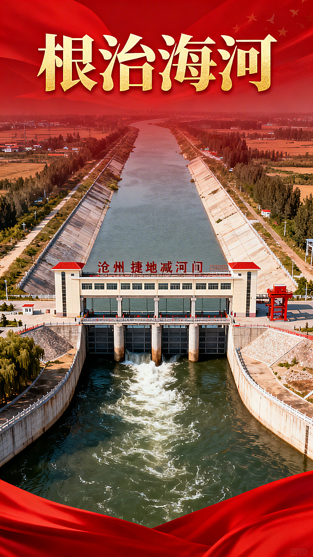 以"根治海河"为主题的宣传海报，选取沧州的捷地减河闸和南运河治理工程两种水利工程项目为画面核心元素，采用平衡构成的设计形式，整体风格大气庄重，红色为主色调，突出根治海河的奋斗精神，顶部放置醒目的主题文字"根治海河"