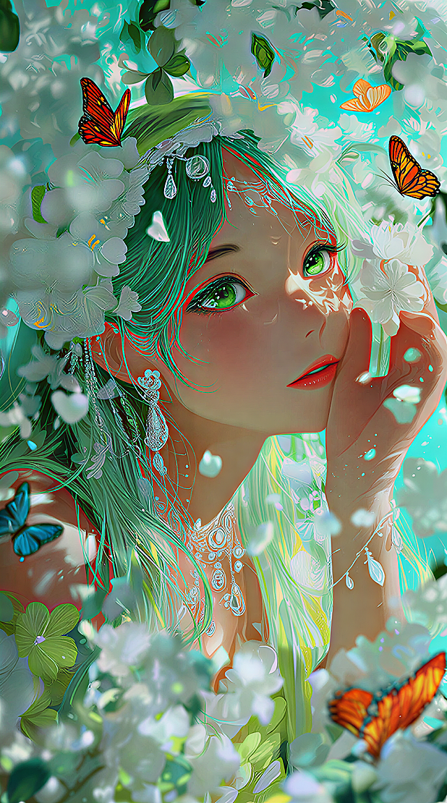 梦幻感插画风少女，绿发碧眼，花间蝶舞，水彩与油画交融，清新唯美，虚拟自然中的优雅精灵。
