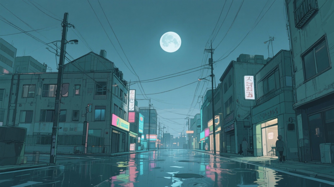二次元，黑夜，月亮，城市，氛围孤独、落寞，浅灰色、淡蓝色，不要人，细节丰富，16:9，生成二张预览效果