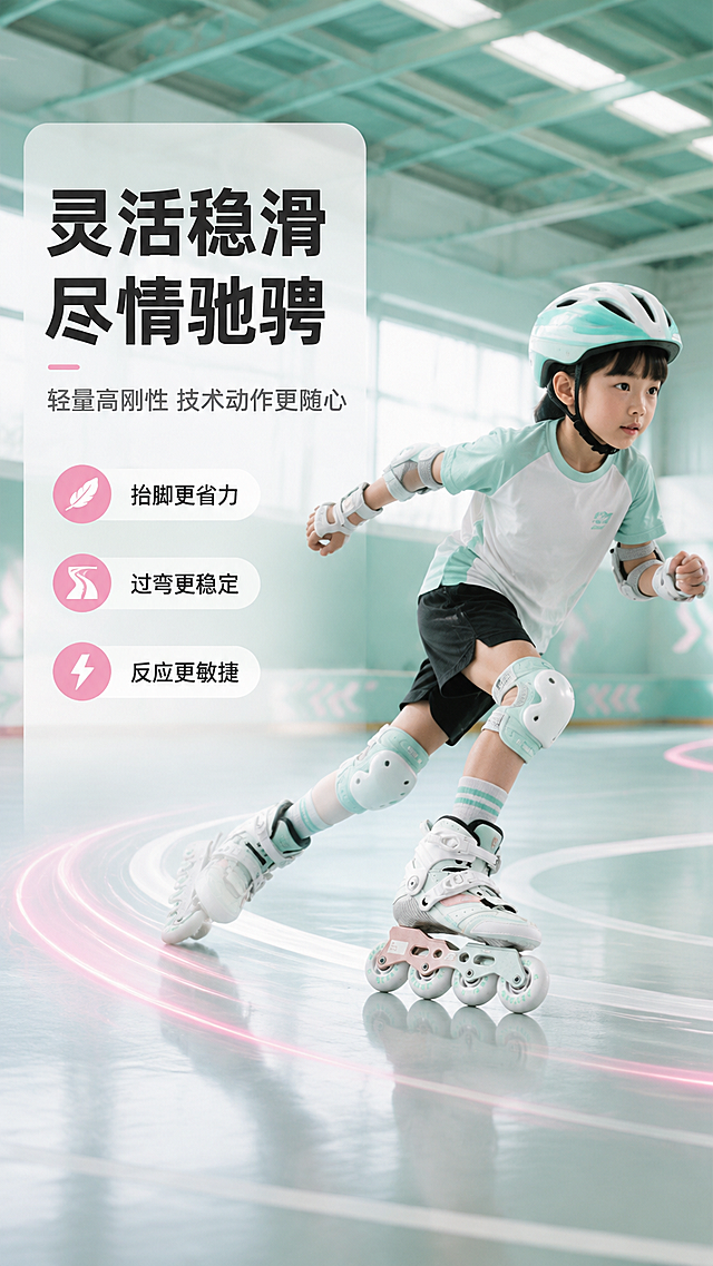 [商品] 使用【图1】薄荷绿碳纤维儿童直排轮滑鞋；保留产品全部颜色、结构、Logo、细节；产品穿在亚洲儿童脚上，保持鞋身原貌不变。
[画面] 目标：儿童真实滑行场景，展示敏捷性与稳定性，增强代入感；构图：左文右图，右侧亚洲儿童（约8-10岁，男女通用感）穿着轮滑鞋在室内轮滑场滑行，占画面60%，左侧卖点信息；景别：中景（人物全身）；场景：室内专业轮滑场，地面光滑有运动轨迹线；阅读动线：从左标题到右人物动作。
[视觉] 套系策略：风格=运动科技感商业摄影+清新马卡龙调性；标题字=现代粗黑体；正文字=简洁无衬线黑体；主色=薄荷浅绿；背景延展=基于薄荷浅绿做运动场景深浅层级、场馆灯光质感；强调色=玫瑰粉金，仅用于小面积图标、标签、运动轨迹高亮；标题色=深炭灰；正文色=中暖灰；组件=半透明信息卡、运动速度线、动态模糊元素；光影=场馆顶光+侧前方补光，人物与产品清晰。
[文字] 主标题：灵活稳滑 尽情驰骋；副标题：轻量高刚性 技术动作更随心；3个卖点：抬脚更省力 / 过弯更稳定 / 反应更敏捷；文字位于左侧信息卡，不遮挡人物与鞋身；所有文字横排。
[规格] 淘宝/天猫详情页，单屏比例9:16竖版，分辨率4K，负向提示：避免变形、错字、文字过小、鞋身颜色改变、结构缺失、极限词、平台Logo水印、危险动作。