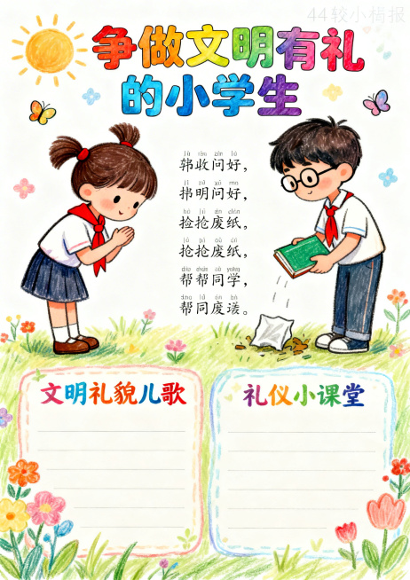 手绘风格A4大小小报，主题为“争做文明有礼的小学生”，画面有扎羊角辫、戴红领巾的可爱小女孩，还有戴眼镜的小男孩，他们做出鞠躬问好、捡起废纸、帮同学拿书本的动作，标题用彩虹色艺术字，分设文明礼貌儿歌、礼预览效果