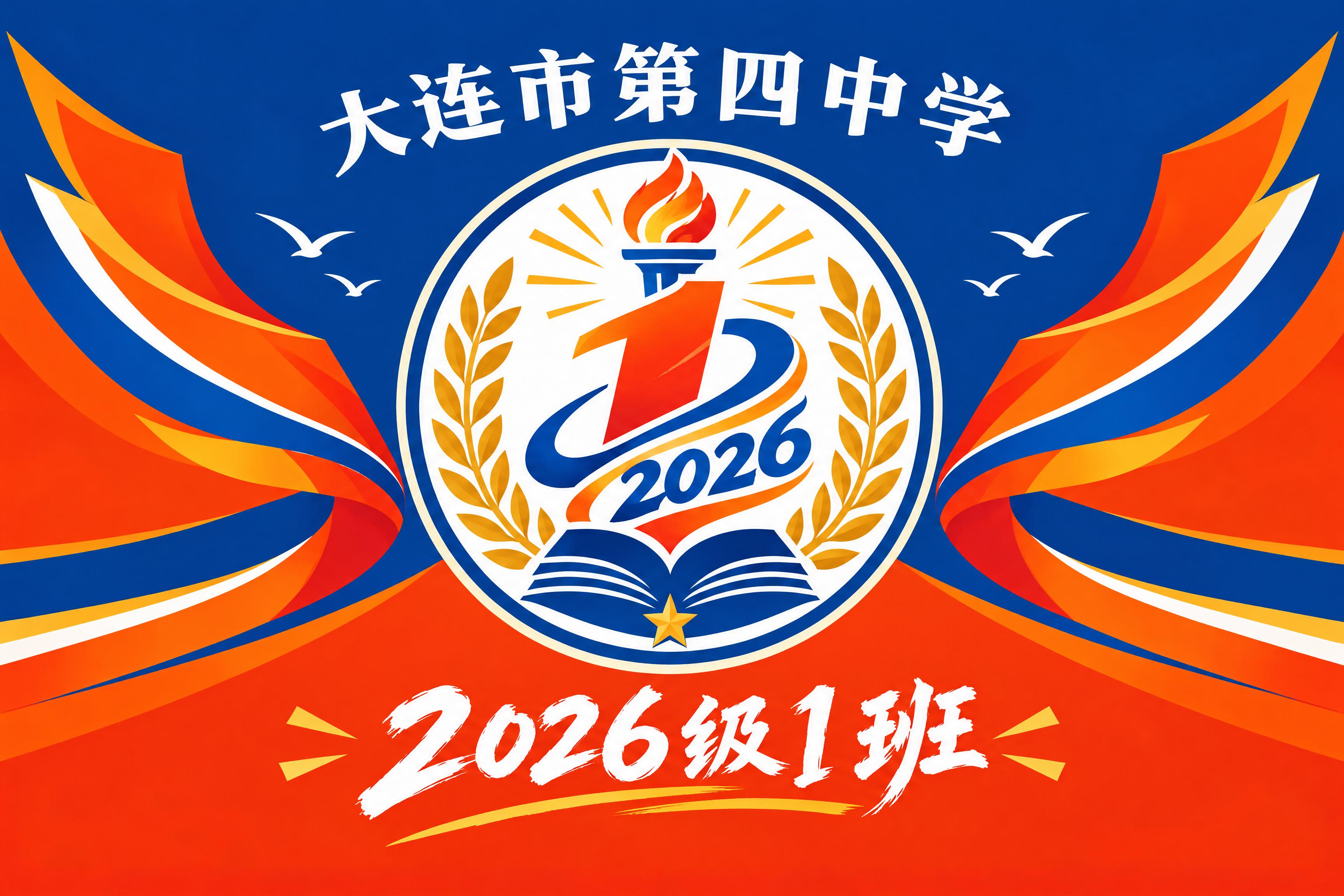 班旗设计，横版3:2比例，大连市第四中学2026级1班。主色调… - 图片创意预览