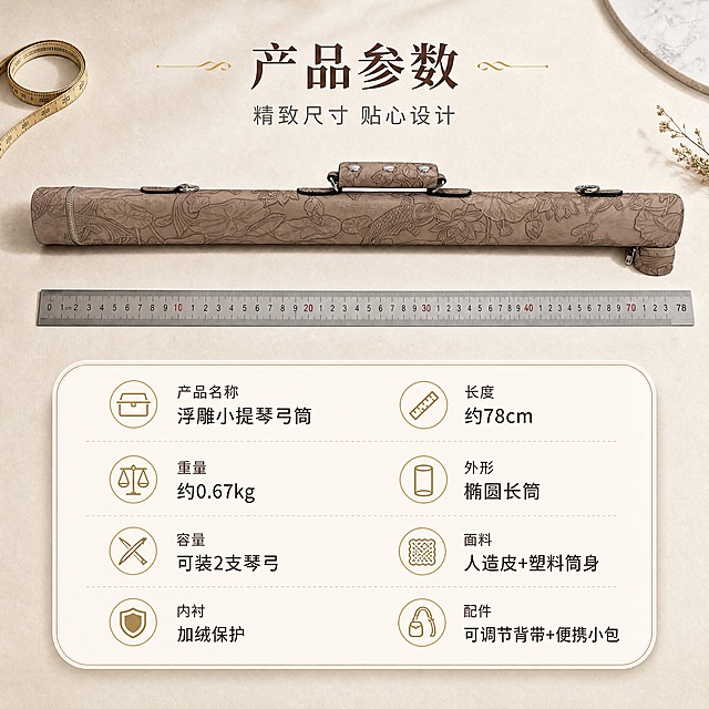 [商品] 使用【图2】【图3】奶茶杏色浮雕小提琴弓筒弓盒；保留产品完整外形、椭圆截面、长度比例、各部件结构与奶茶杏色；产品平放在浅色台面上，旁边放一把标准直尺作尺寸参照（示意长度约78cm）。
[画面] 目标：产品尺寸与参数信息页；构图：上方为产品全貌俯视图，占画面40%；下方为参数信息卡区域；场景：浅米色细腻纸张背景，产品下方有柔和投影；旁侧有卷尺与直尺作尺寸示意道具，营造专业感。
[视觉] 套系策略：风格=浅色高端雅致商业摄影；标题字=宋体衬线粗体；正文字=现代无衬线体；主色=奶茶杏+米白；背景延展=基于米白与浅奶咖做同色系渐变、细腻纸张/大理石质感；强调色=香槟金，仅用于小面积图标、引线和标签；标题色=深棕咖；正文色=中暖灰；组件=圆角浅底信息卡、细线引线、优雅装饰线；光影=左前侧柔和自然光，产品底部有自然投影。
[文字] 顶部主标题"产品参数"（4字），副标题"精致尺寸 贴心设计"（一行）；下方圆角信息卡内列参数：产品名称"浮雕小提琴弓筒"、长度"约78cm"、重量"约0.67kg"、外形"椭圆长筒"、容量"可装2支琴弓"、面料"人造皮+塑料筒身"、内衬"加绒保护"、配件"可调节背带+便携小包"；文字横排，手机端清晰可读。
[规格] 图片比例1:1正方形，4K，负向提示：避免变形、错字、文字过小、参数错误、颜色偏差、白底孤立。